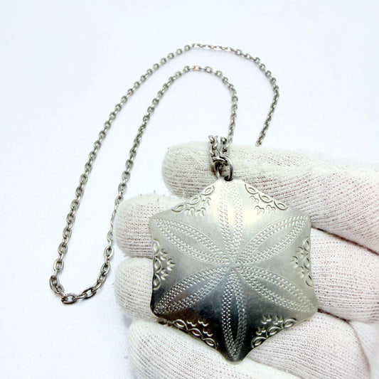 Vintage ca 1950 Traditional North Scandinavia Pewter Pendant Necklace. Signed.