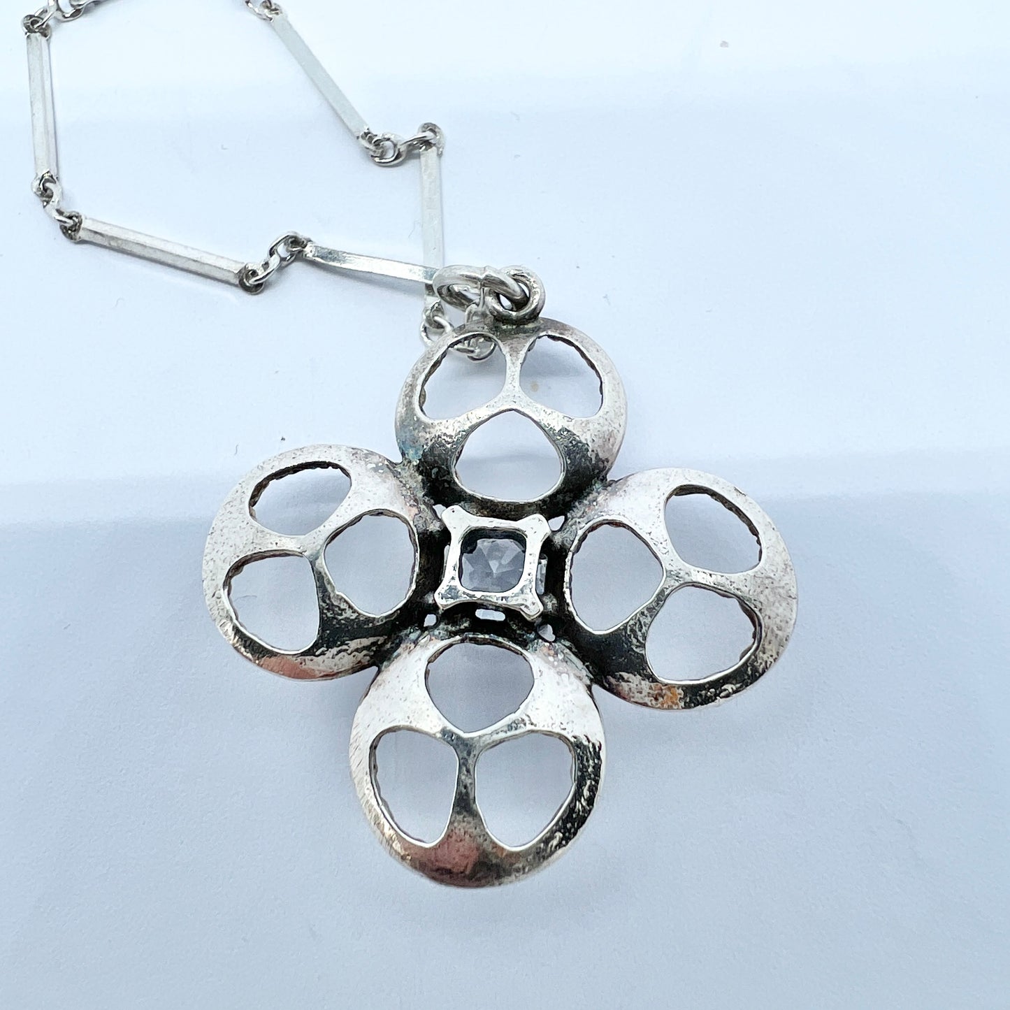 Bengt Hallberg Sweden 1970s Vintage Silver Rock Crystal Pendant + Chain.