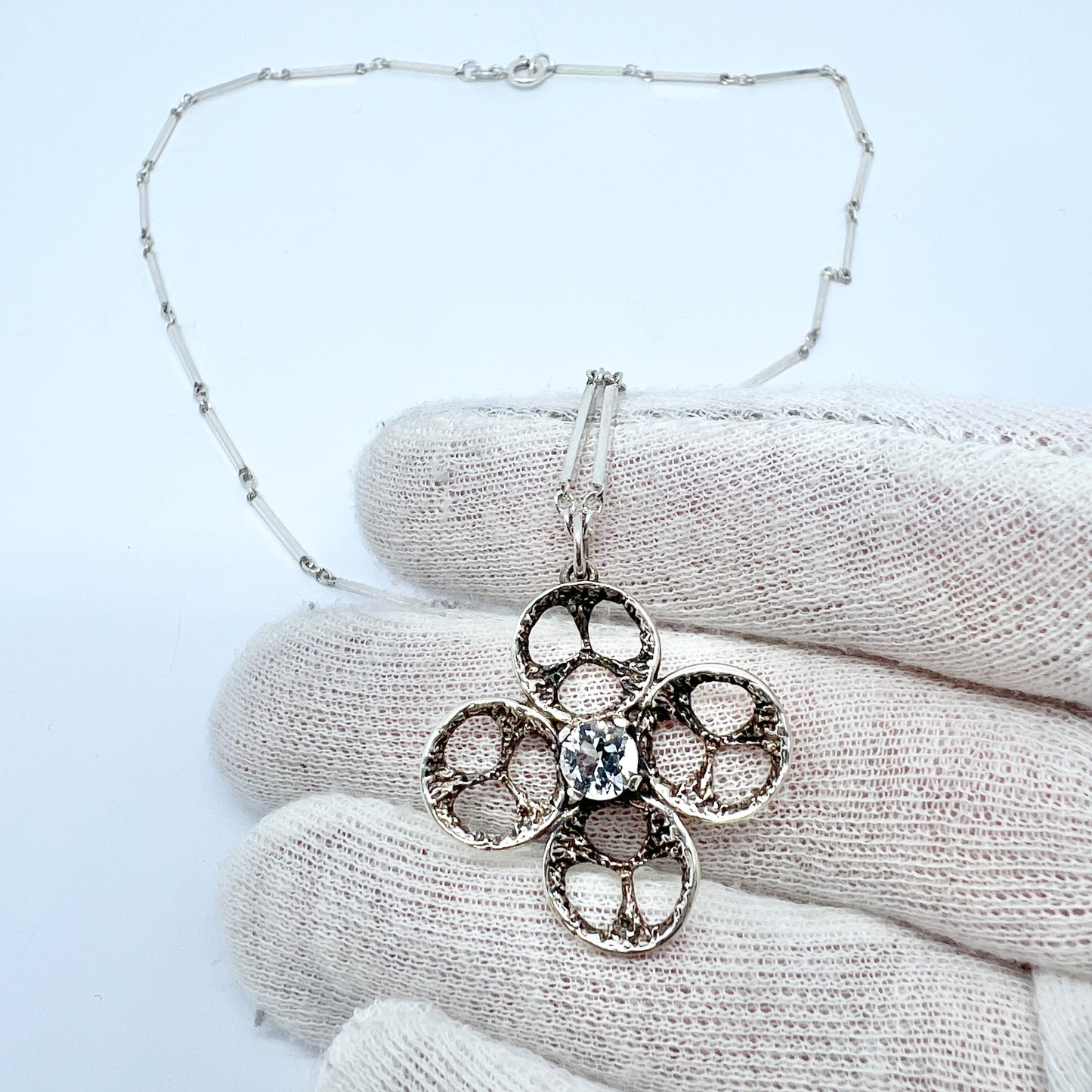 Bengt Hallberg Sweden 1970s Vintage Silver Rock Crystal Pendant + Chain.