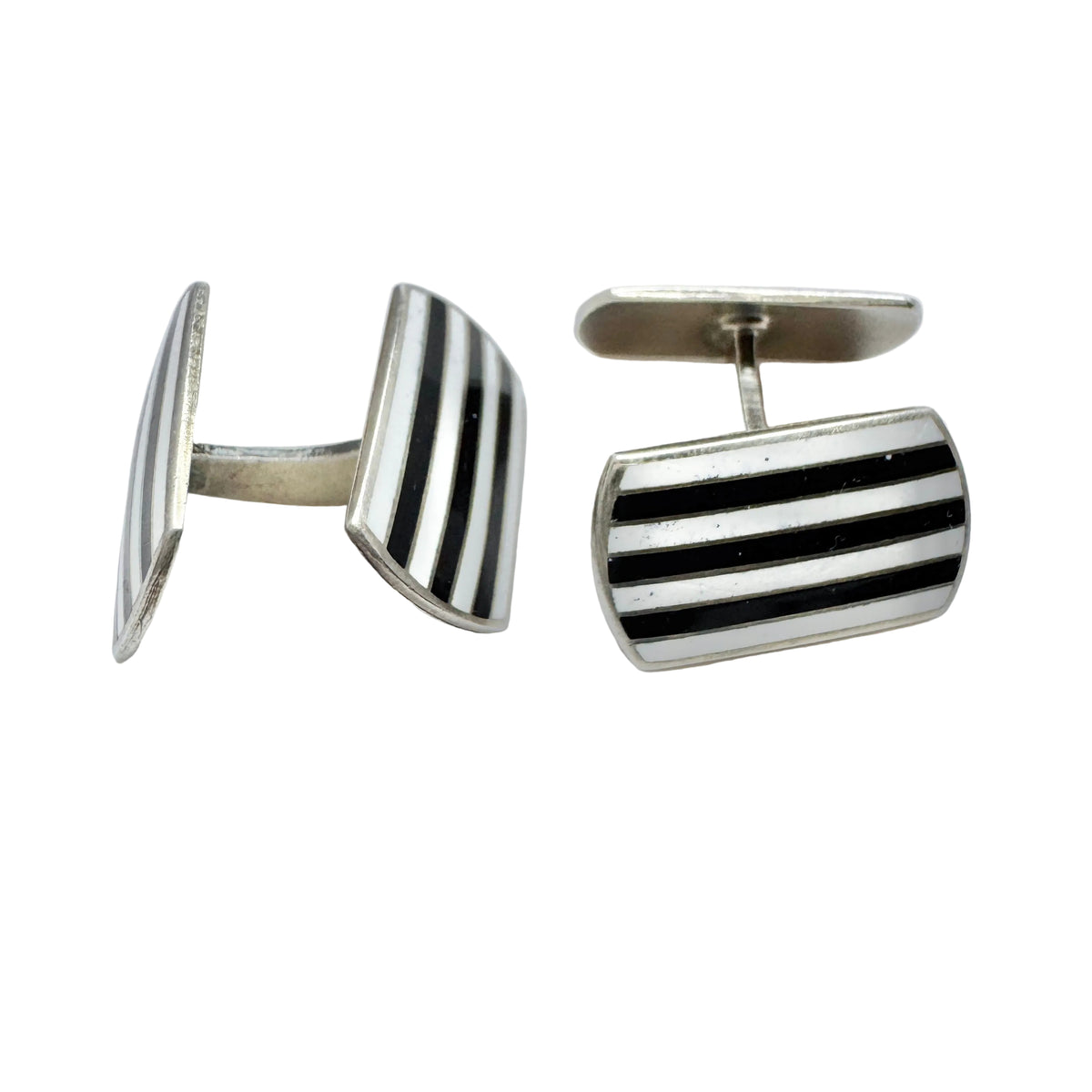 Hans Myhre, Norway c 1950s. Vintage Sterling Silver Black and White Striped Enamel Cufflinks