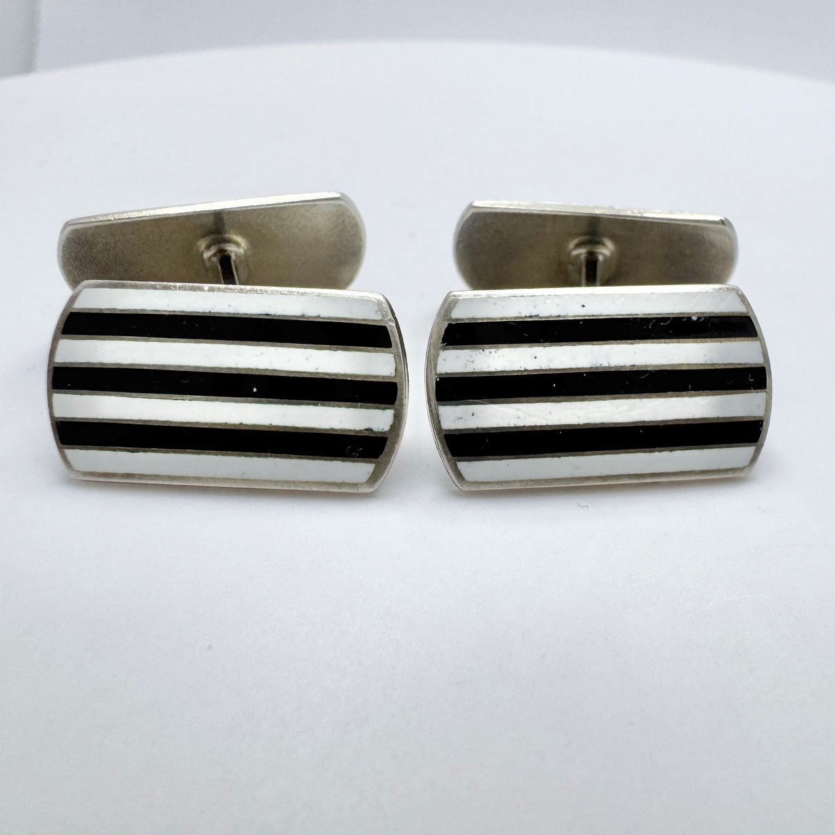 Hans Myhre, Norway c 1950s. Vintage Sterling Silver Black and White Striped Enamel Cufflinks