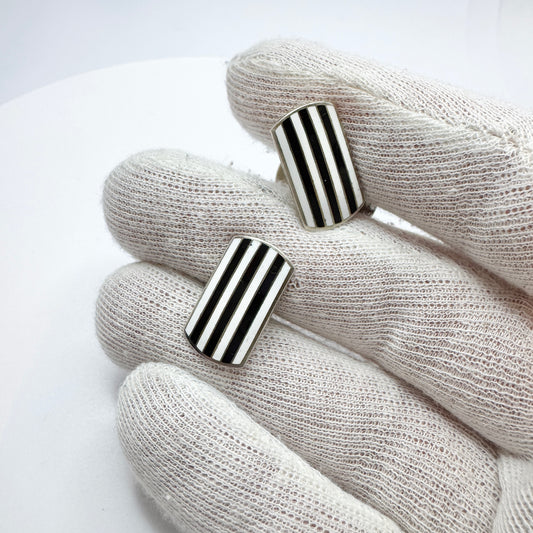 Hans Myhre, Norway c 1950s. Vintage Sterling Silver Black and White Striped Enamel Cufflinks