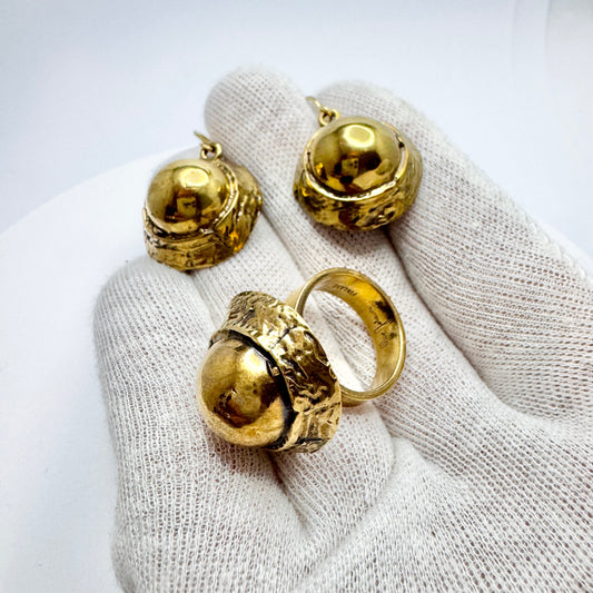 Owe Johansson, Finland c 1970s. Bold Vintage Bronze Ring + Earrings.