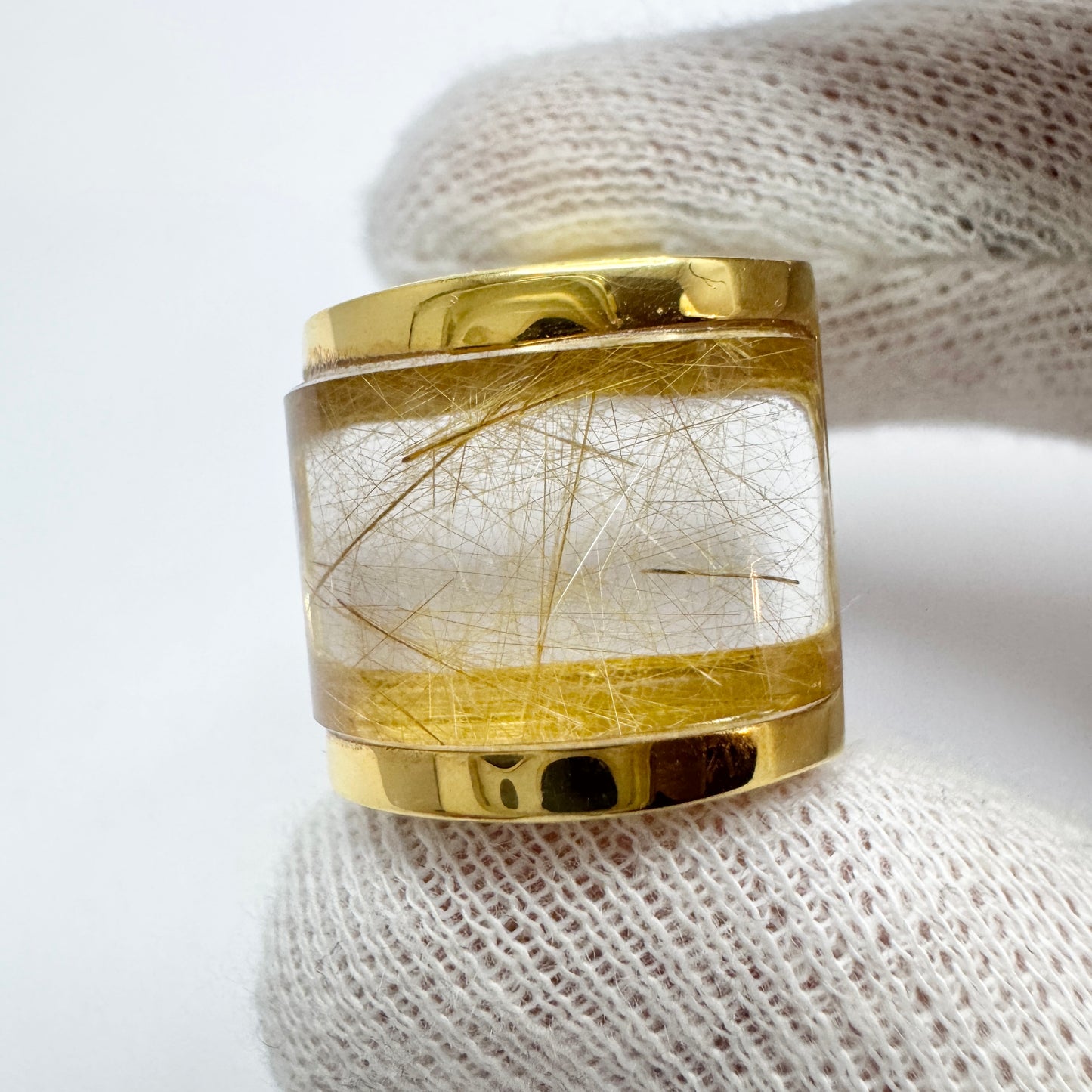 Sweden. Chunky 18k Gold Rutilated Quartz Ring. Mint.