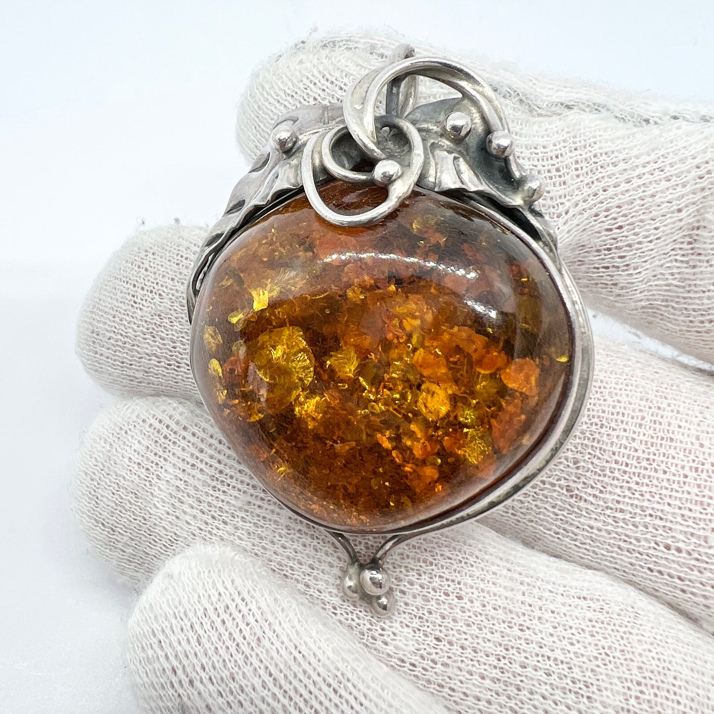 Vintage Large Sterling Silver Amber Brooch Pendant.