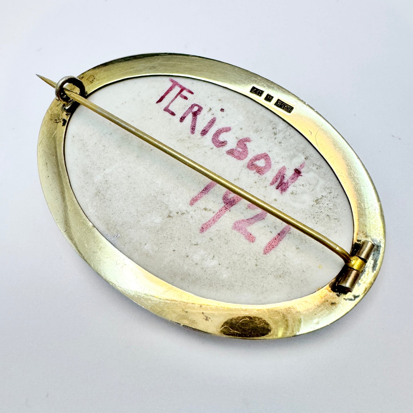 Sweden 1921-22 Antique Silver Painted Porcelain Large Brooch