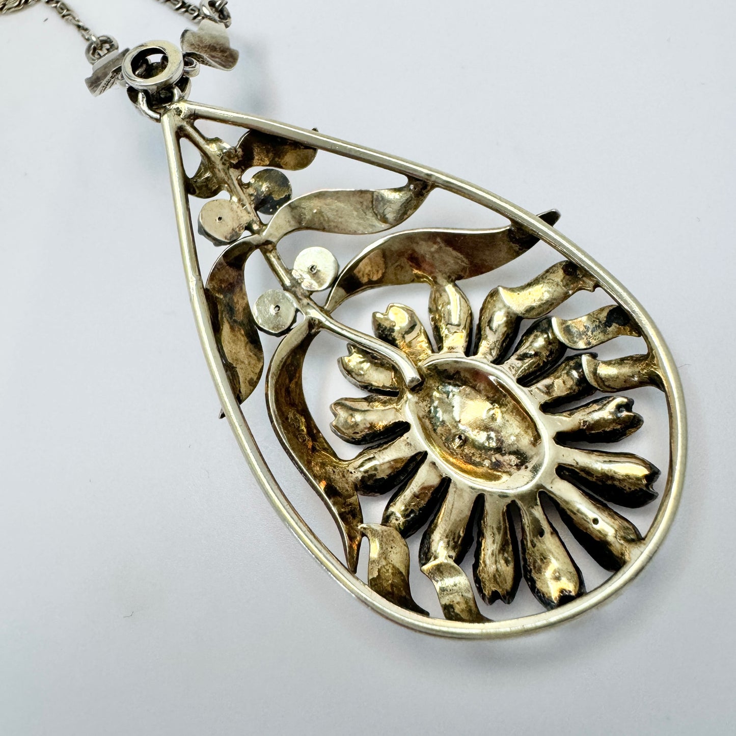 Austria / Germany early 1900s. Sterling 935 Silver Paste Stone Cluster Pendant Necklace.