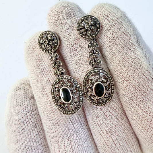Vintage Solid Silver Marcasite Onyx Earrings.