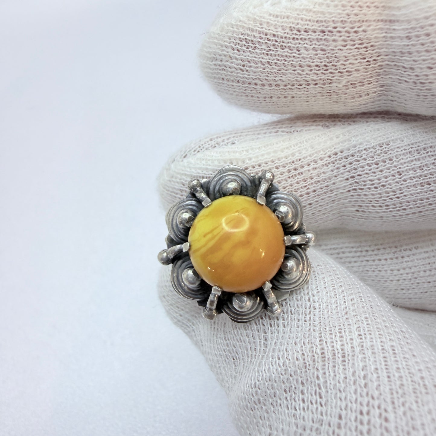 Kalupe, Latvia 1960s. Vintage Space Age Sterling Silver Amber Ring.