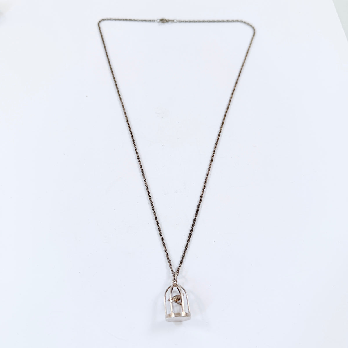 Vintage 1940-50s Solid Silver Caged Bird Pendant Necklace.