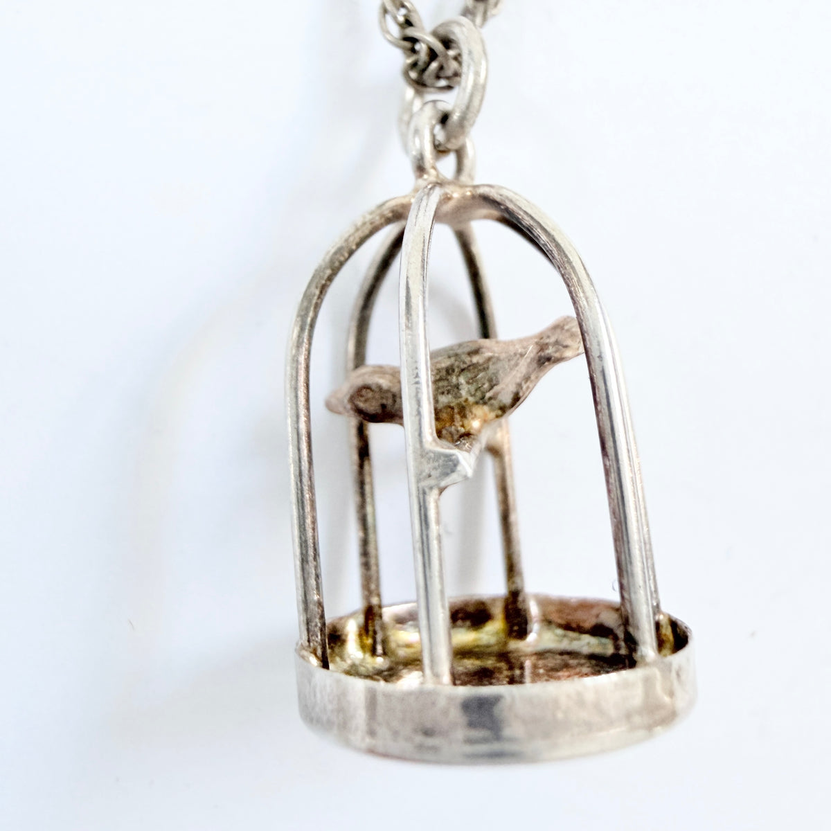 Vintage 1940-50s Solid Silver Caged Bird Pendant Necklace.