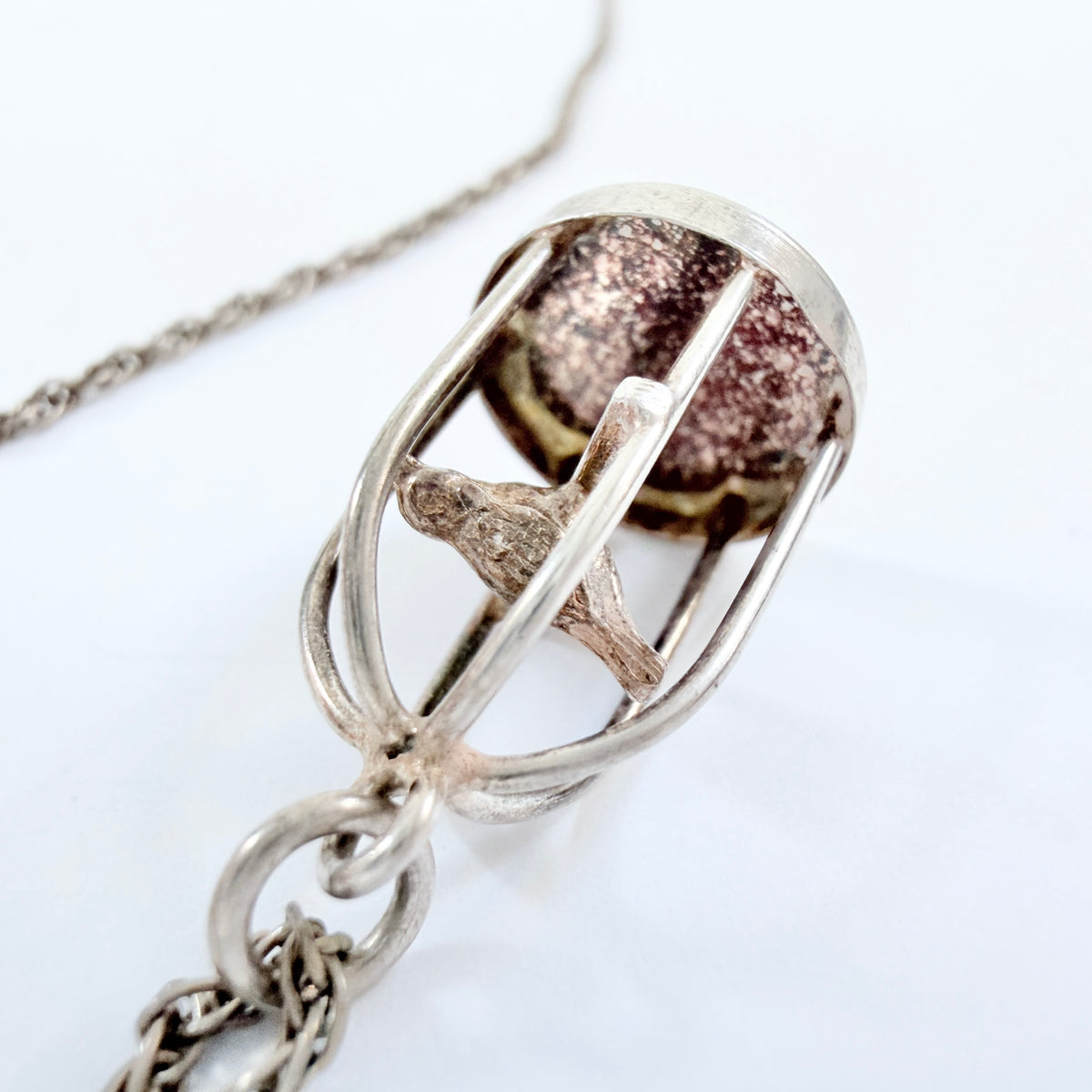 Vintage 1940-50s Solid Silver Caged Bird Pendant Necklace.