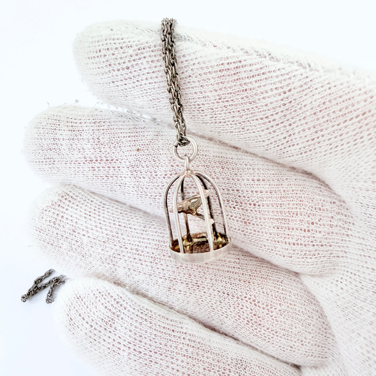 Vintage 1940-50s Solid Silver Caged Bird Pendant Necklace.