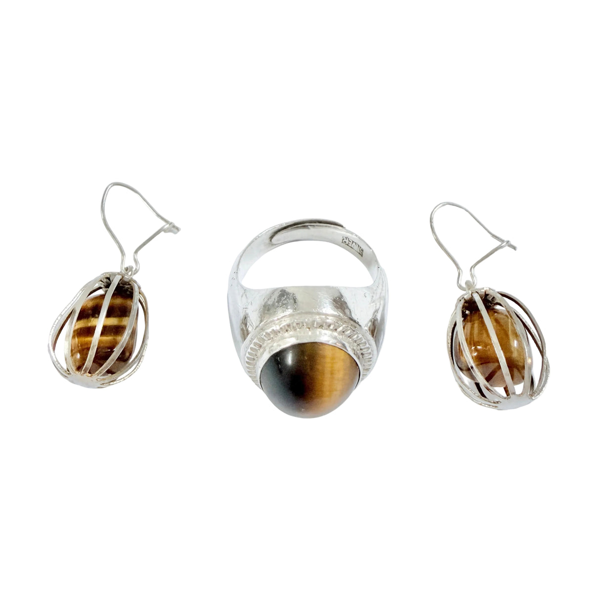 Poland 1970s. Vintage Solid Silver Tiger's Eye Adjustable Size Ring + Earrings