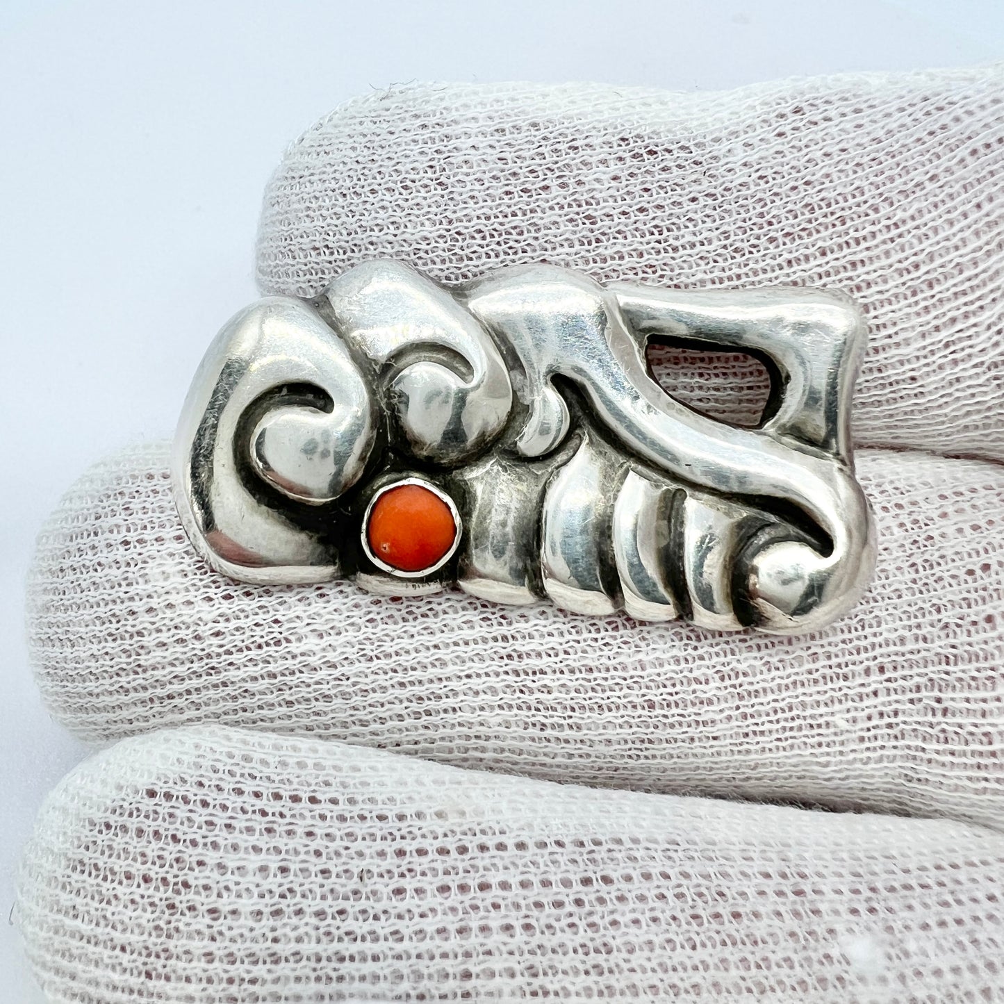 O Dahl, Denmark c 1910s. Antique Skonvirke Art Nouveau Coral Brooch.