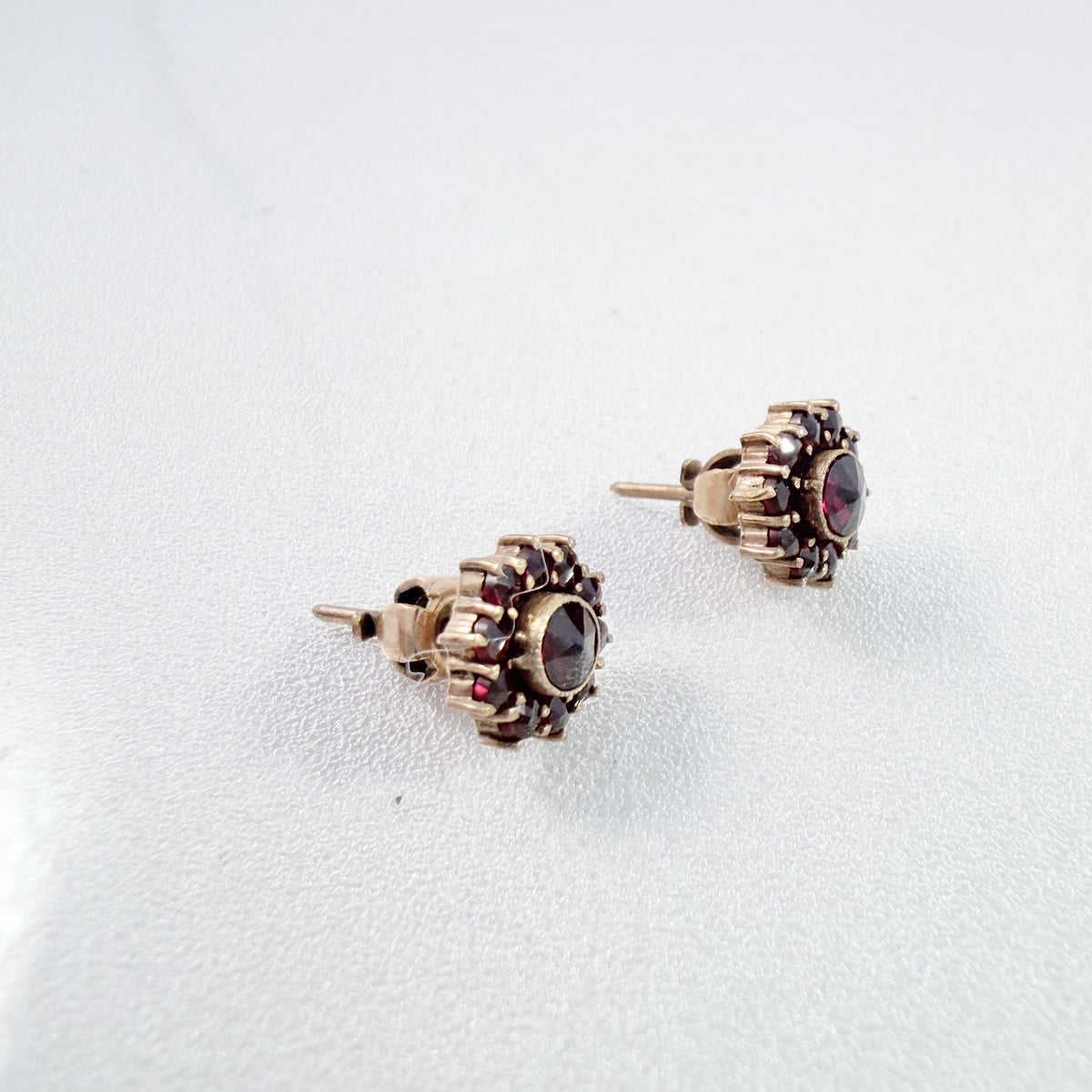 Vintage Bohemian Garnet Yellow Metal Stud Earrings.