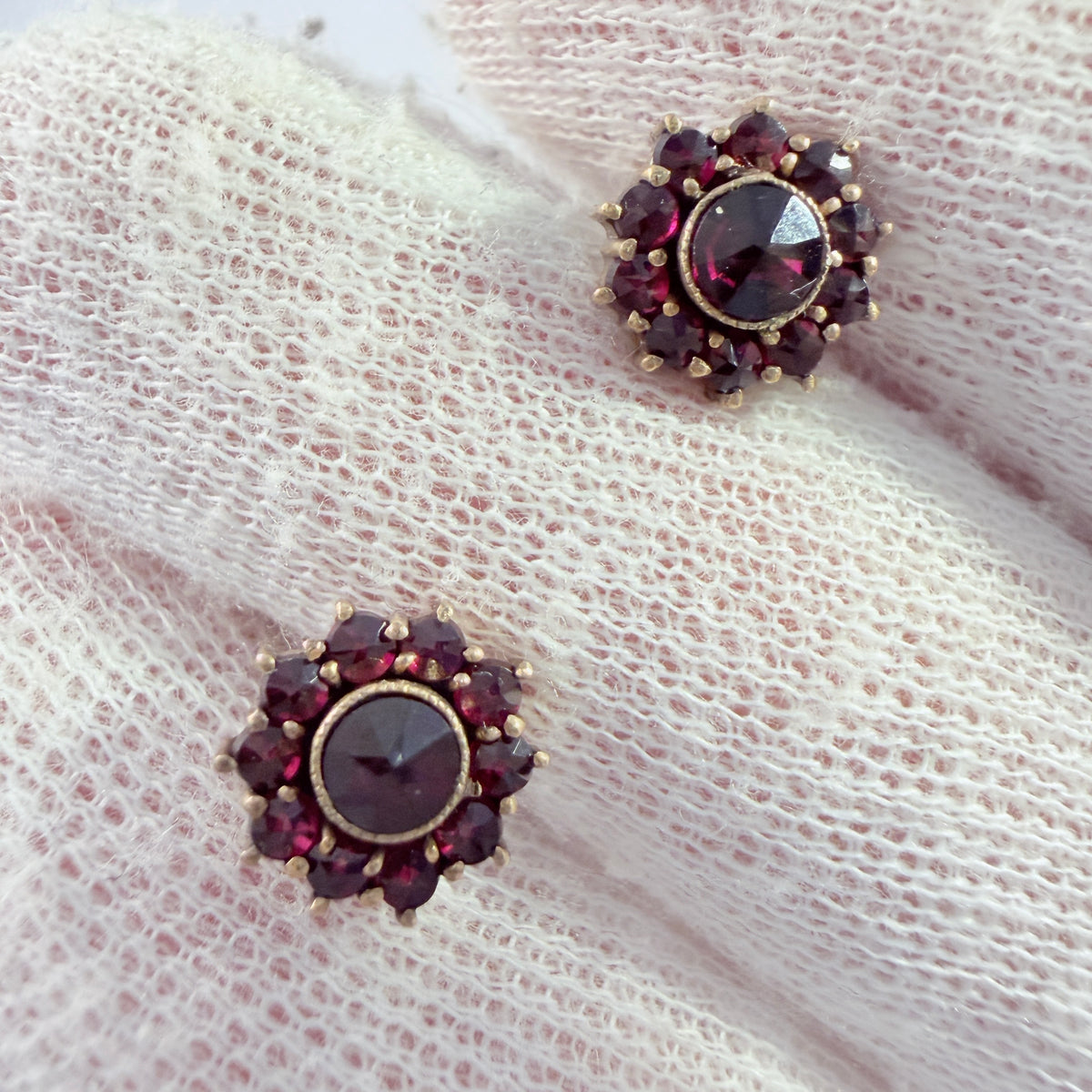 Vintage Bohemian Garnet Yellow Metal Stud Earrings.