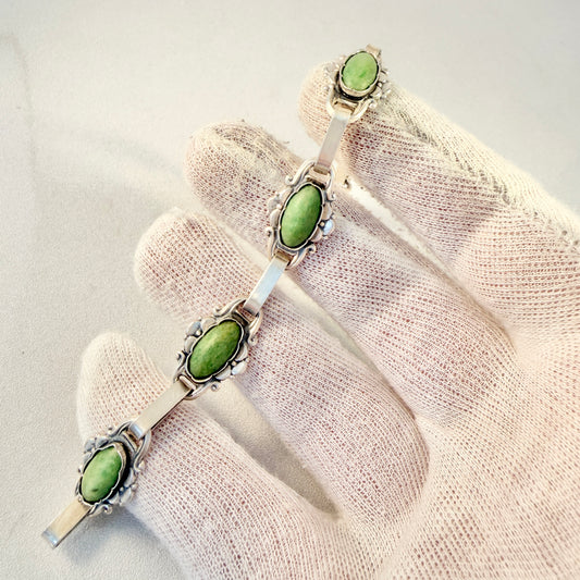 VIntage ca 1940s Solid Silver Green Calcite Bracelet. Possibly Denmark.