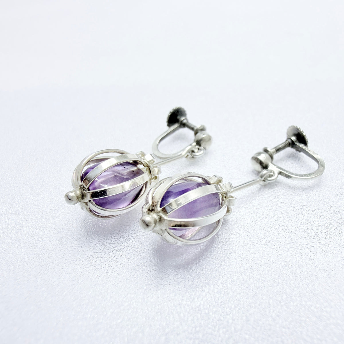 Arvo Saarela, Sweden 1957-58. Vintage Solid Silver Caged Amethyst Dangle Earrings.