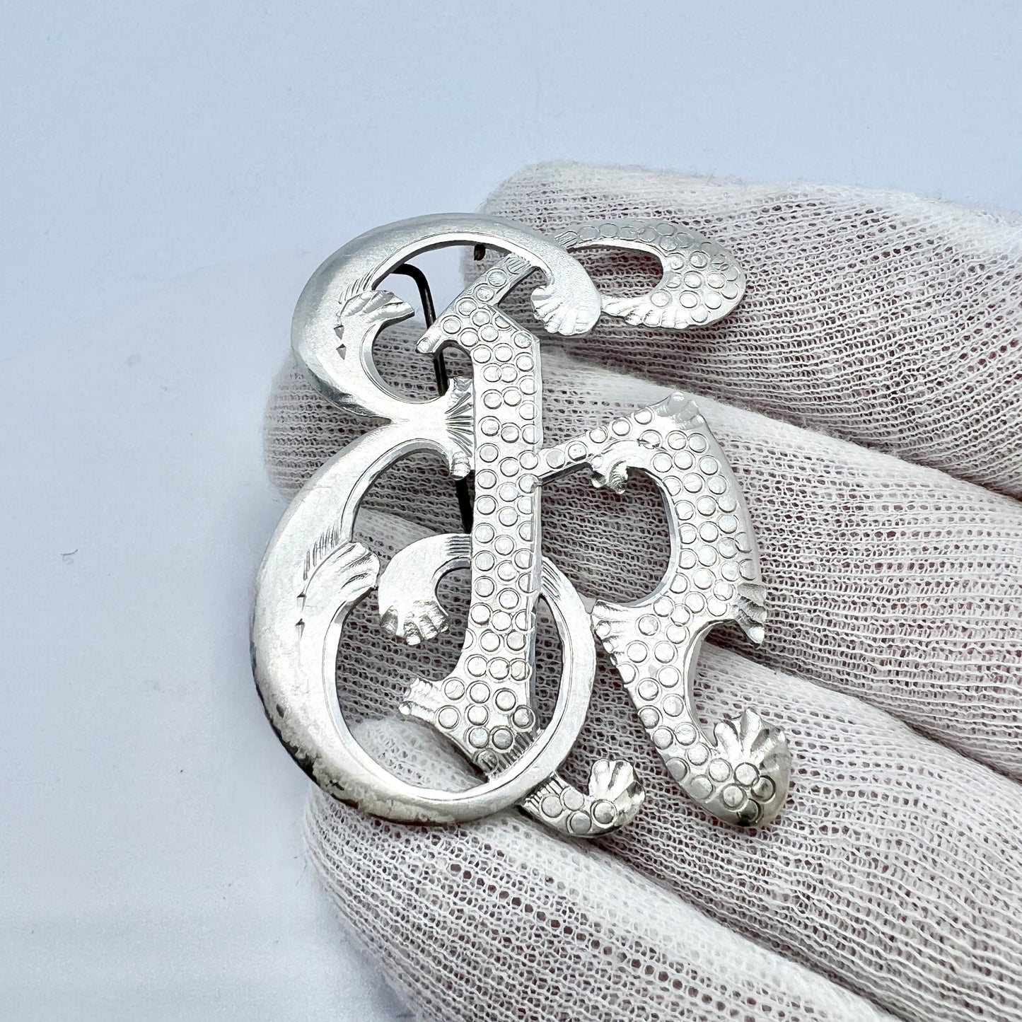 Antique Edwardian Solid Silver Monogram Brooch.