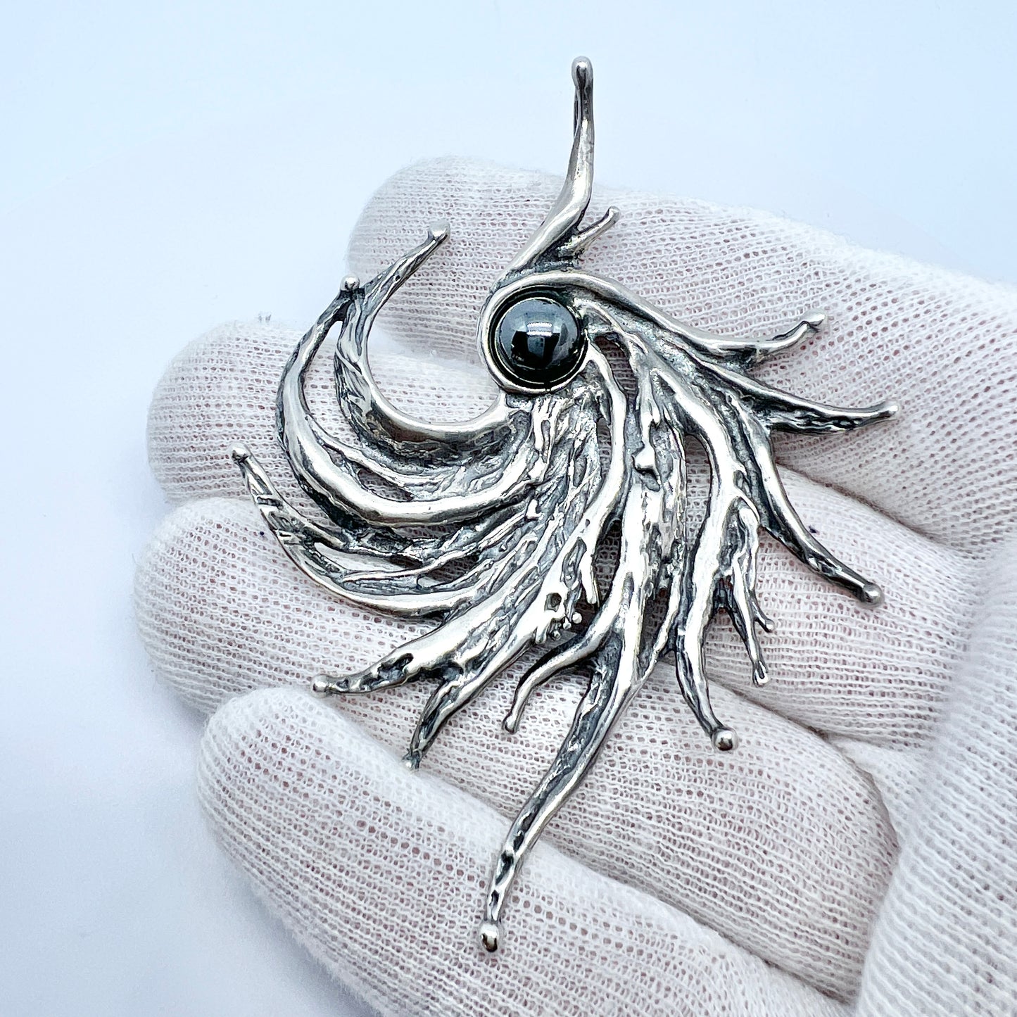 Israel. Vintage Large Sterling Silver Hematite Brooch Pendant.