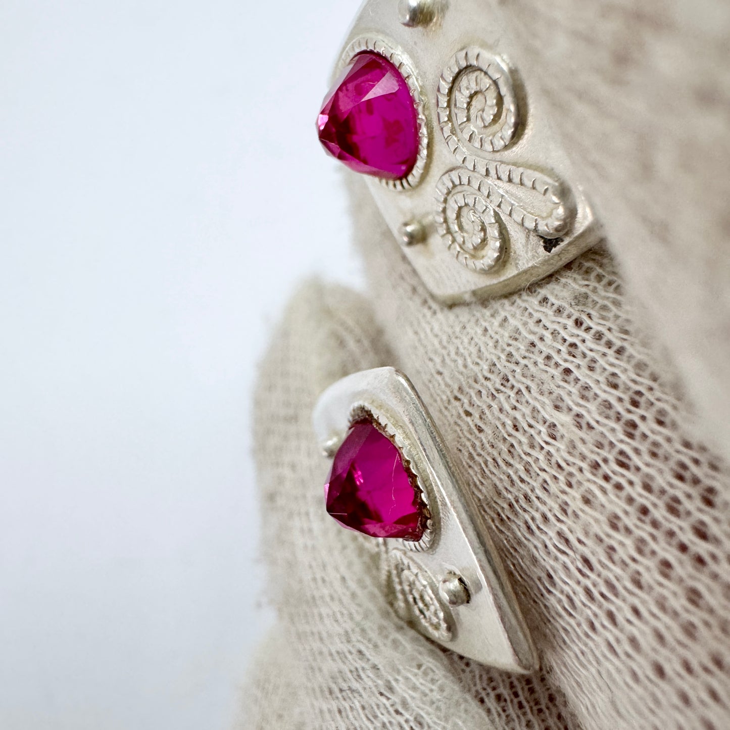 USSR, Soviet-era. Vintage Solid Silver Synthetic Pink Sapphire Cufflinks.