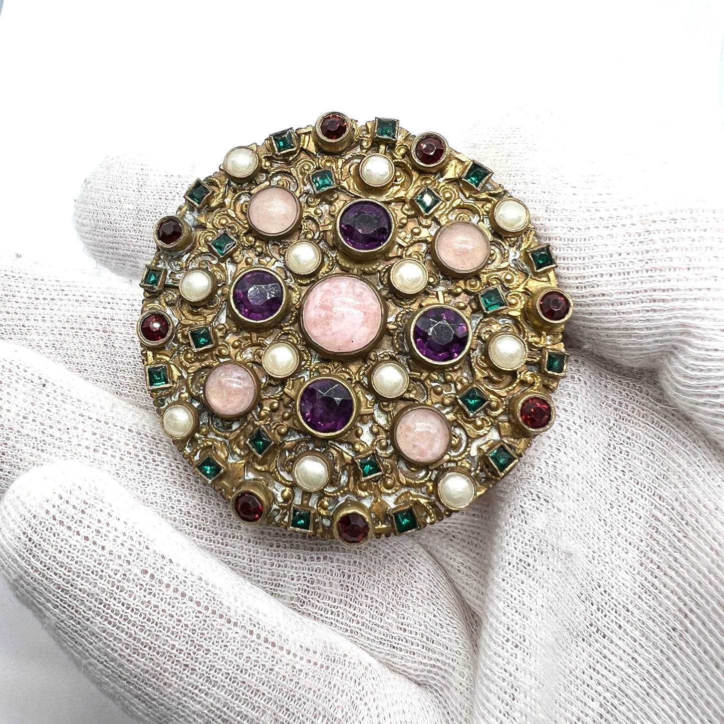 Early 1900s Antique Gilt Metal Jeweled Trinket Box.