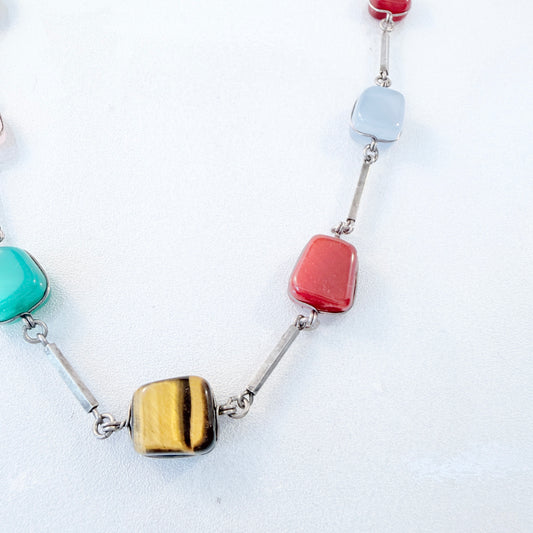 Vintage c 1960s Solid Silver Multi Stone Necklace.