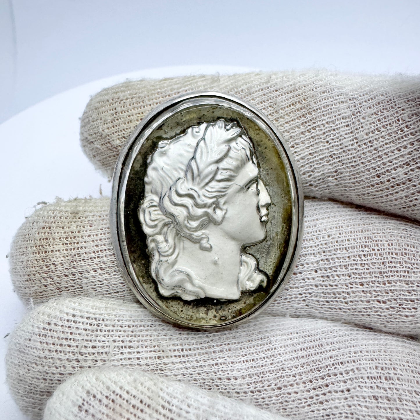 Anna Östergren, Sweden 1911. Antique Silver Reversed Carved Glass Portrait Brooch.