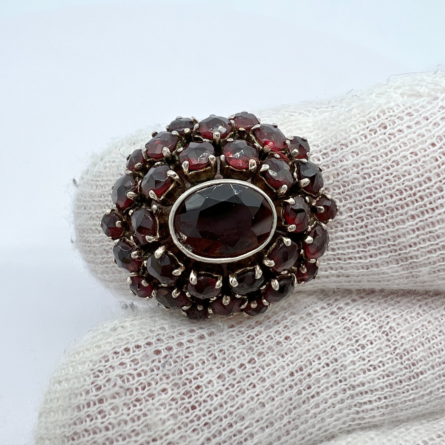 Vintage Solid Silver Bohemian Garnet Cluster Ring.