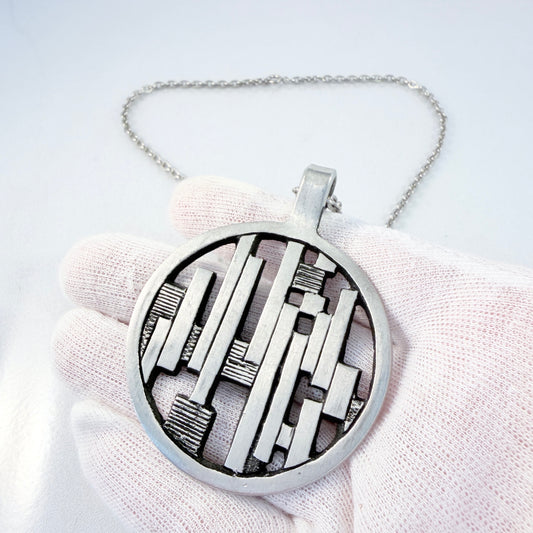 Ottosson Brothers, Sweden 1970s. Large Vintage Modernist Pewter Pendant Necklace.