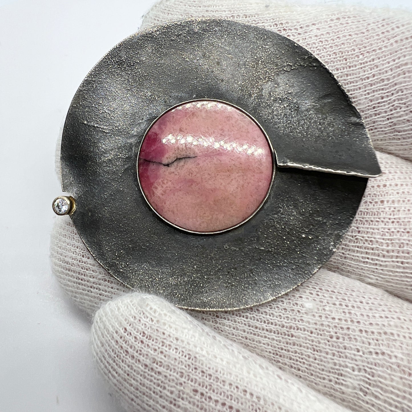 Maker RW. Vintage Sterling Silver Rhodonite CZ Brooch.