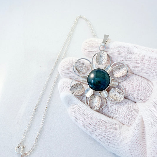 Sweden 1970s. Vintage Solid Silver Bergslagen-stone Pendant Long Chain Necklace.