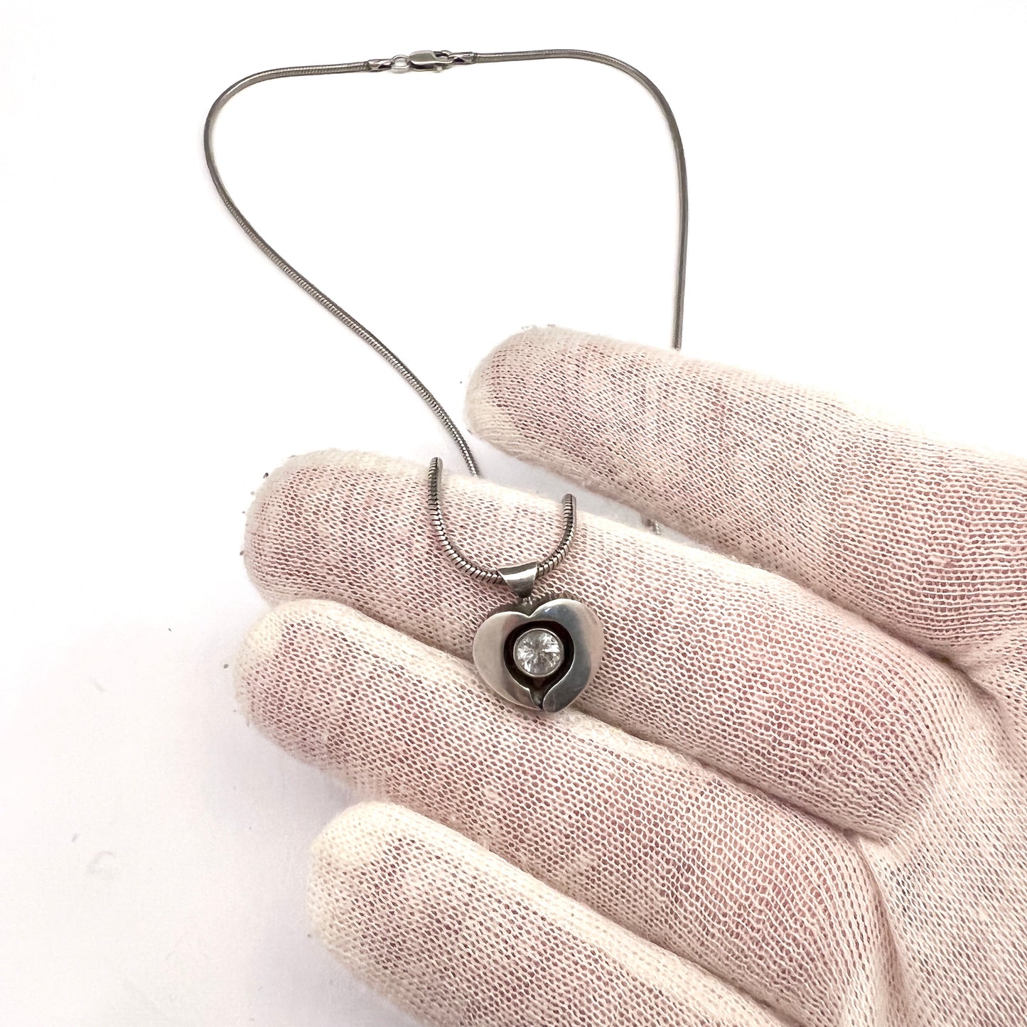 Karl Laine for Finn Feelings, Finland Vintage Sterling Rock Crystal Heart Pendant Necklace.