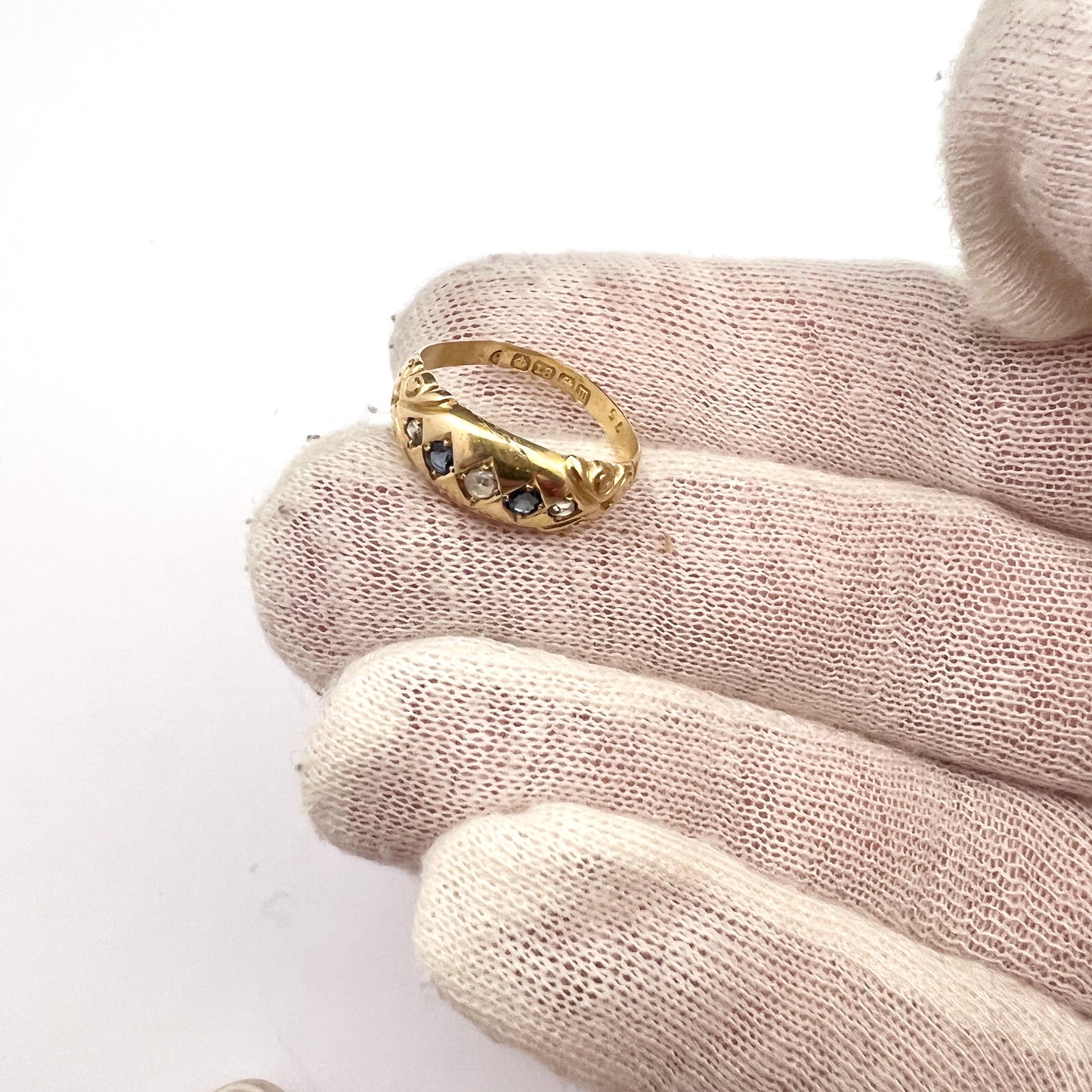 Birmingham 1911. Antique 18k Gold Diamond Sapphire Ring.