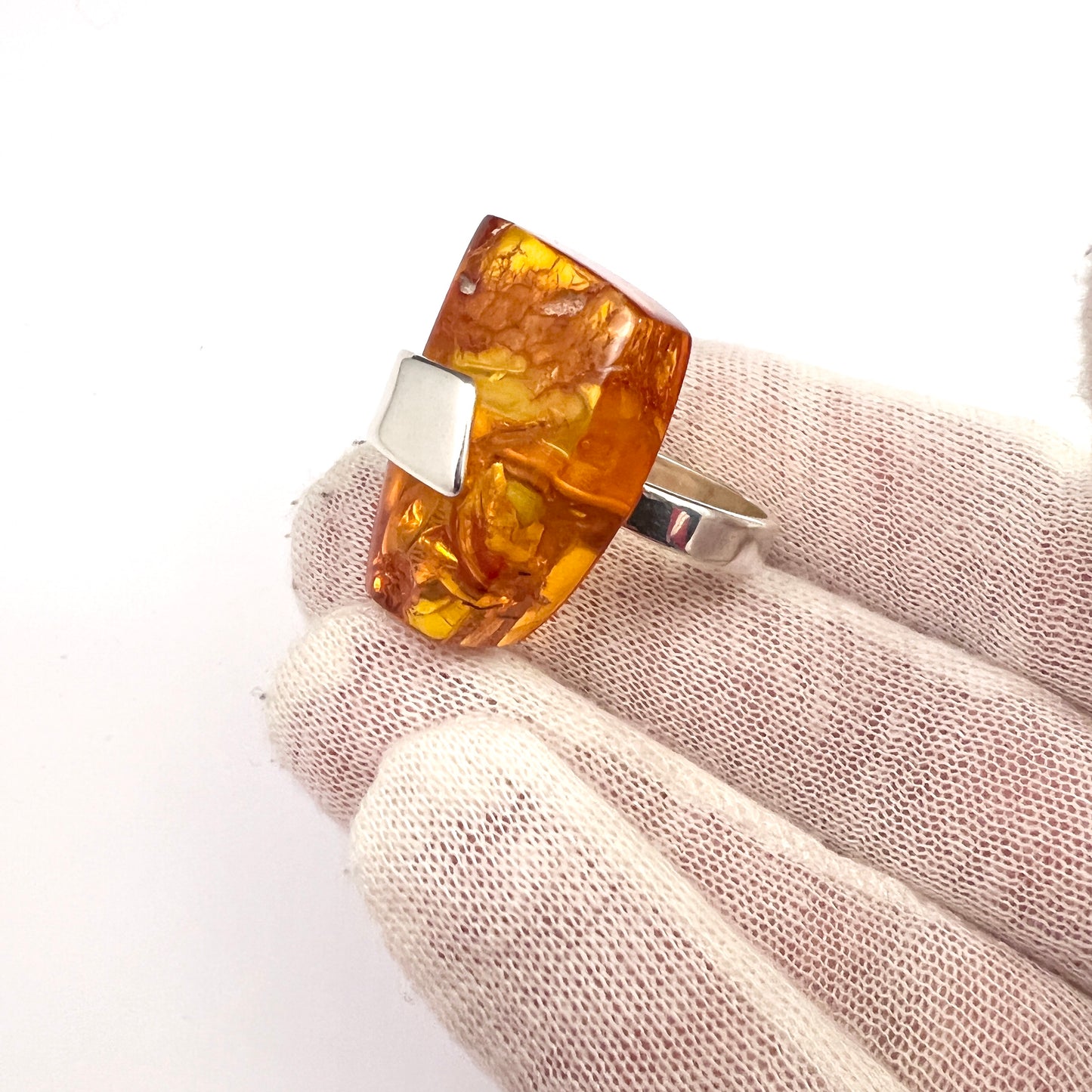 Bold Vintage Sterling Silver Large Amber Ring. Makers' Mark