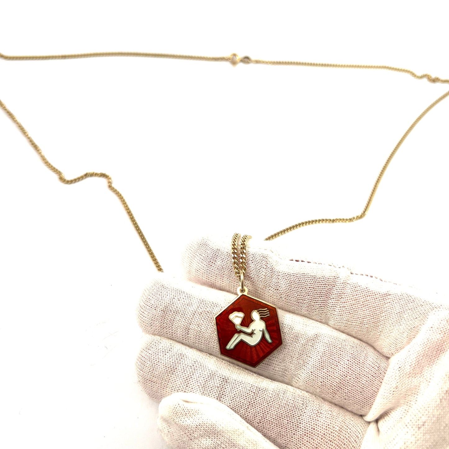 David Andersen, Norway. Vintage Sterling Silver Enamel Zodiac Virgo Pendant Long Chain.