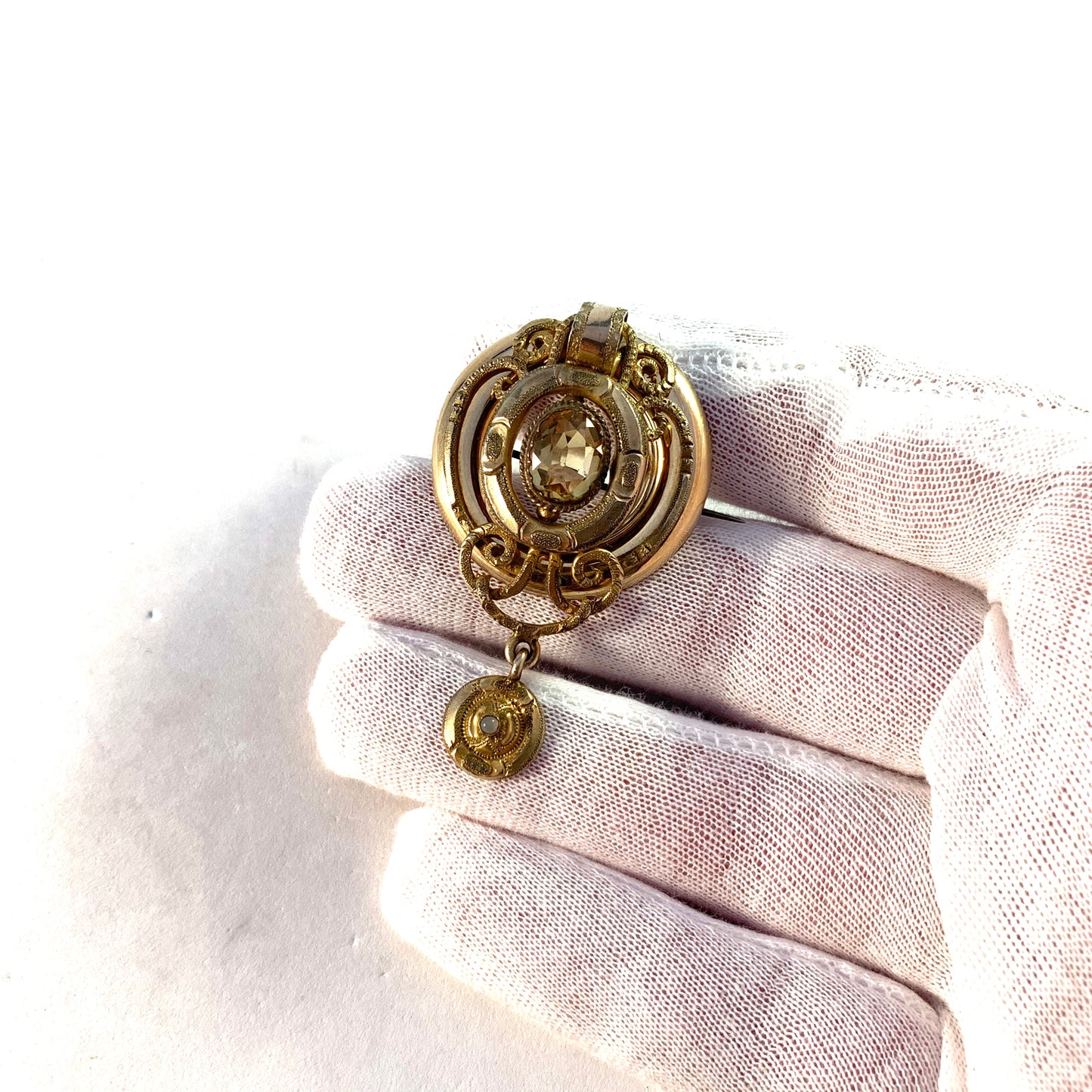 Victorian 12k Gold Gilt Metal Citrine Moonstone Brooch. Makers Mark