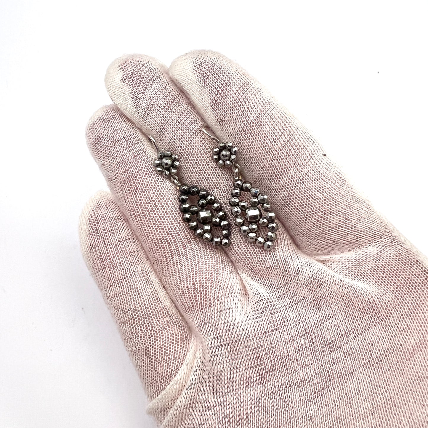 Antique Victorian Cut Steel Silver Hook Earrings.