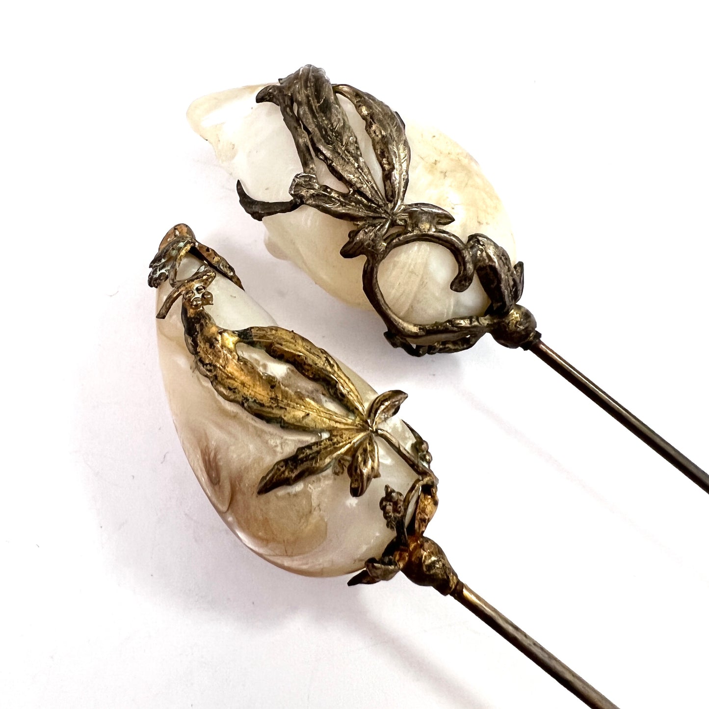 Antique 8.7in Long Art Nouveau M o P Metal Hat Pins.