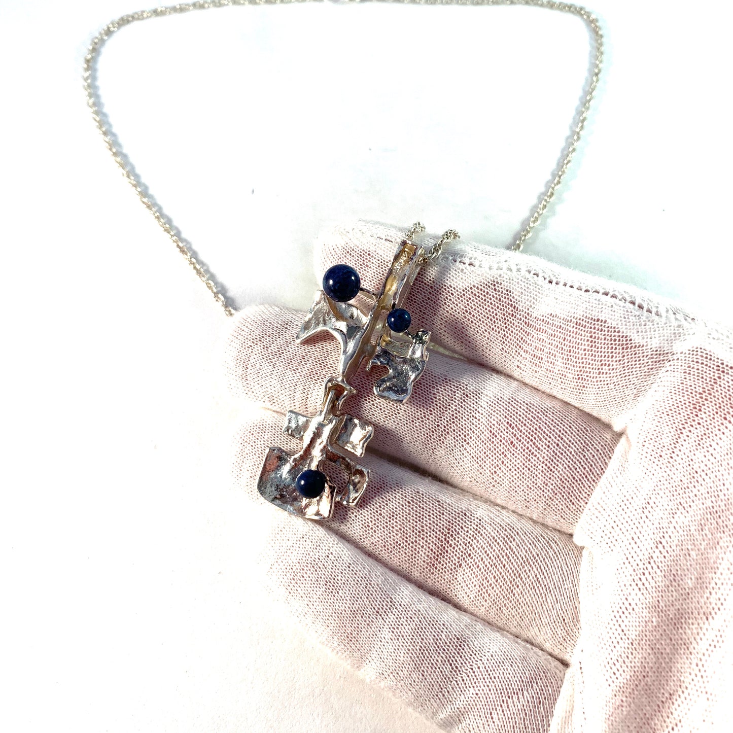 Germany / Austria 1970s Modernist Solid 830 Silver Sodalite Pendant Necklace.