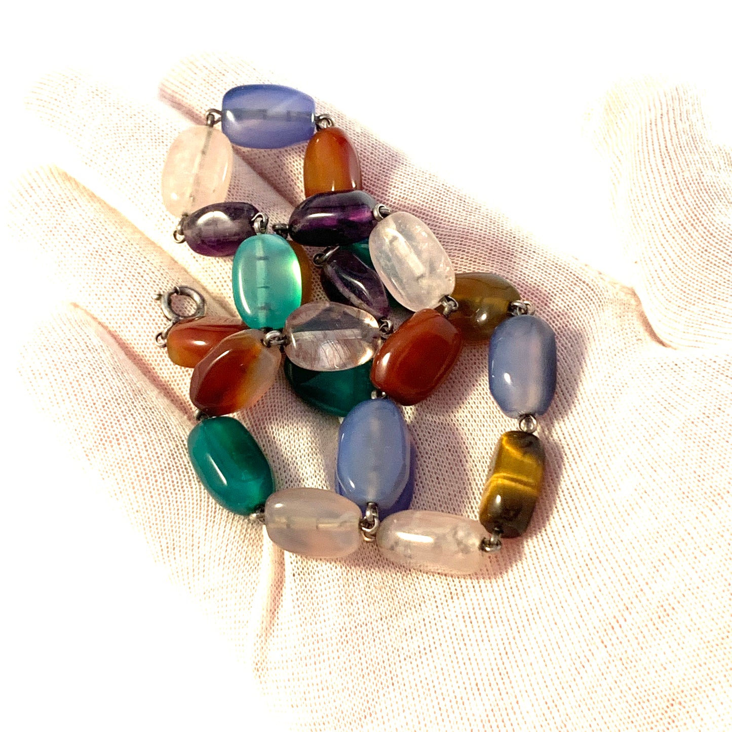 Vintage 1960s. Silver 835 Agate, Chalcedony, Chrysoprase, Quartz, Amethyst and Tiger Eye Necklace.