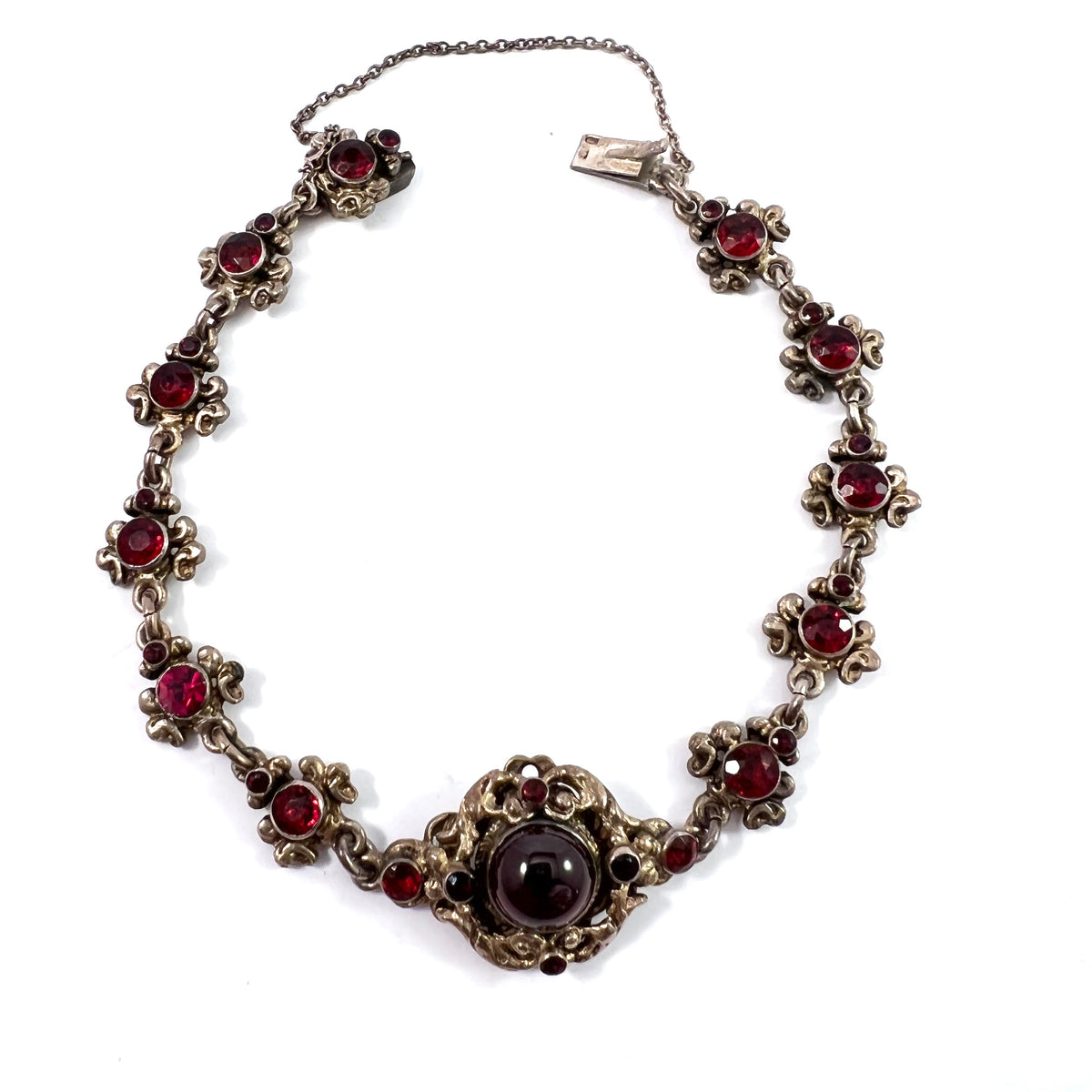 Czechoslovakia, Antique early 1900s Solid Silver Bohemian Garnet Bracelet. Hallmarked.