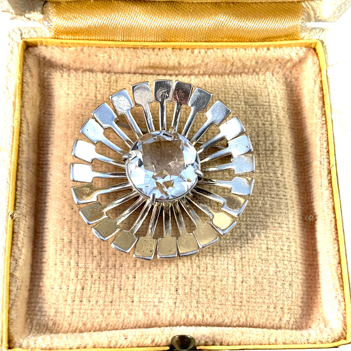 Victor Janson, Sweden 1950-60s Mid Century Modern Sterling Silver Rock Crystal Brooch. Boxed.