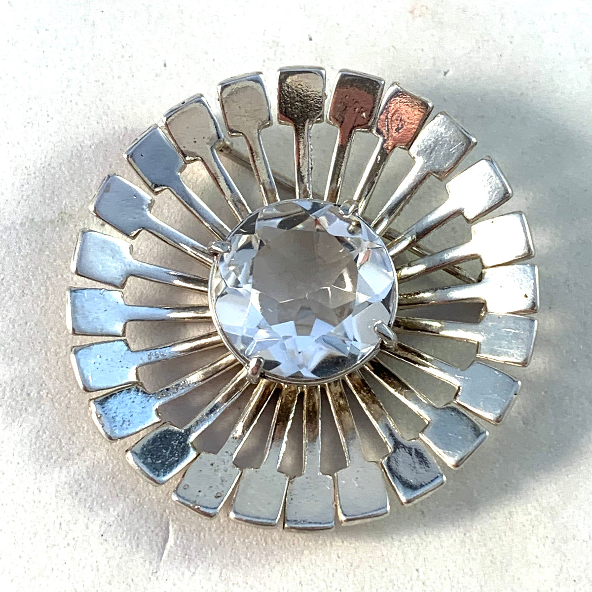 Victor Janson, Sweden 1950-60s Mid Century Modern Sterling Silver Rock Crystal Brooch. Boxed.