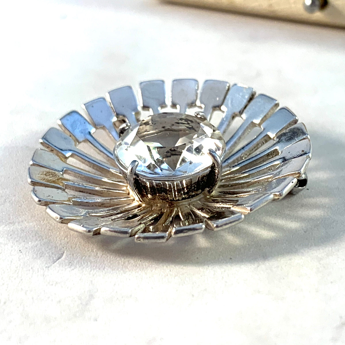 Victor Janson, Sweden 1950-60s Mid Century Modern Sterling Silver Rock Crystal Brooch. Boxed.