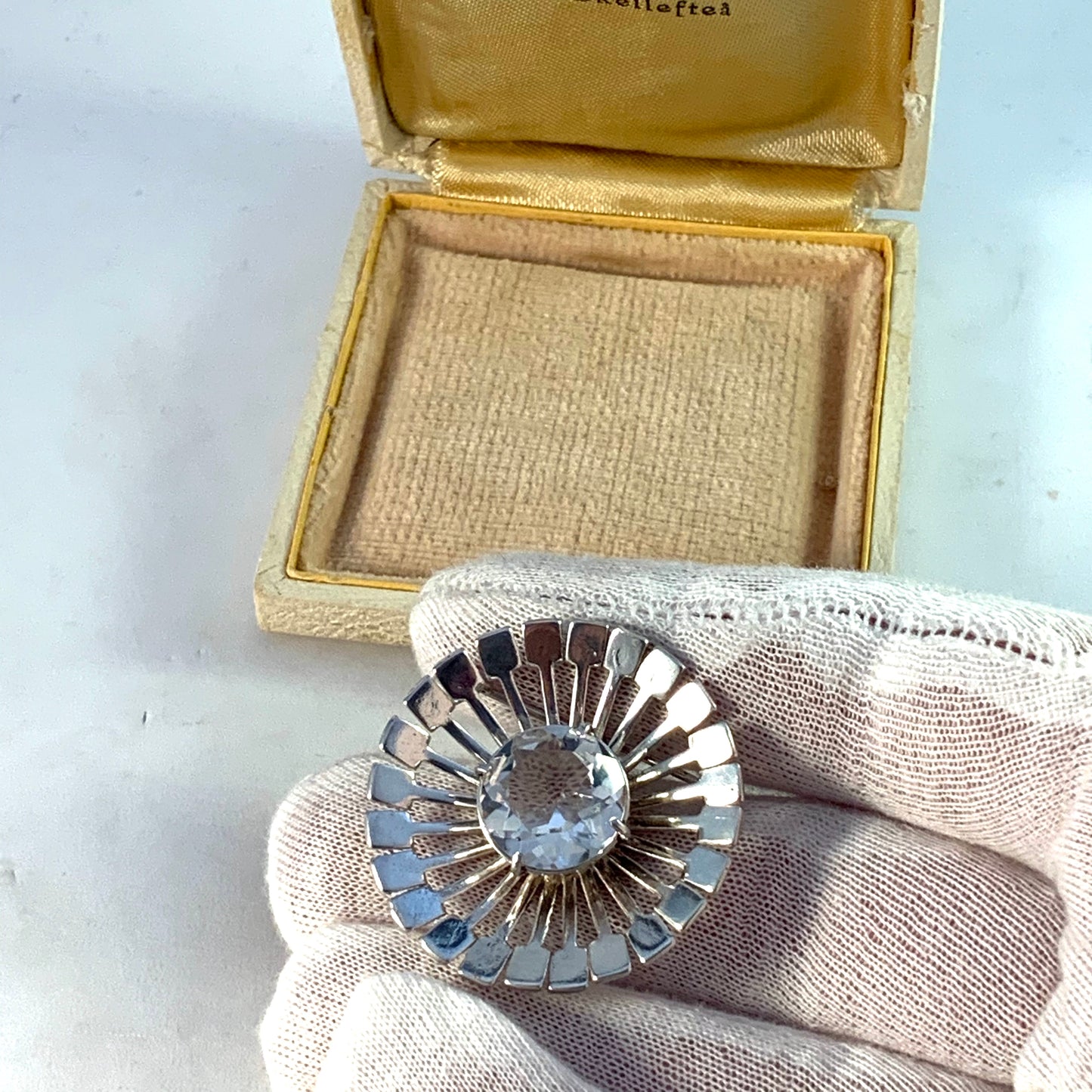Victor Janson, Sweden 1950-60s Mid Century Modern Sterling Silver Rock Crystal Brooch. Boxed.