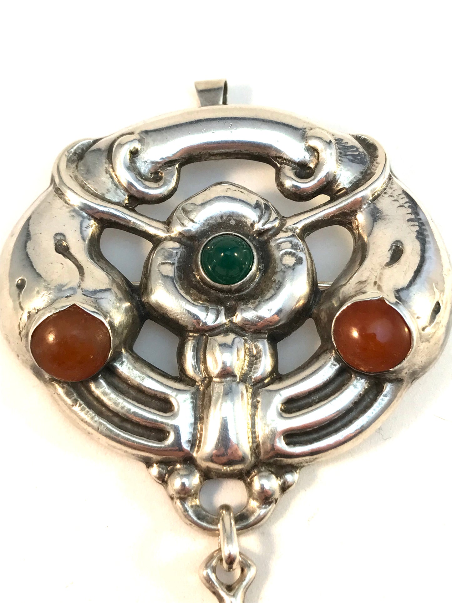 Grann & Laglye, Denmark c 1910s Large Skonvirke Arts and Crafts Solid Silver Amber Chrysoprase Brooch Pendant.
