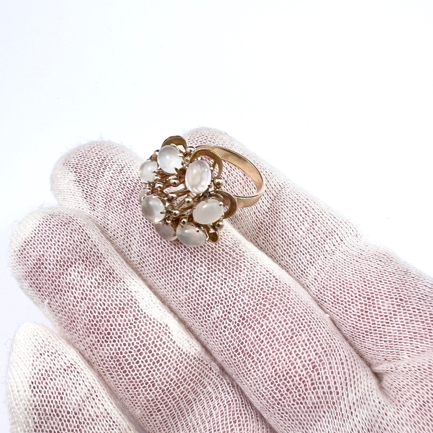 Vintage Mid-century 18k Gold Moonstone Cluster Cocktail Ring.