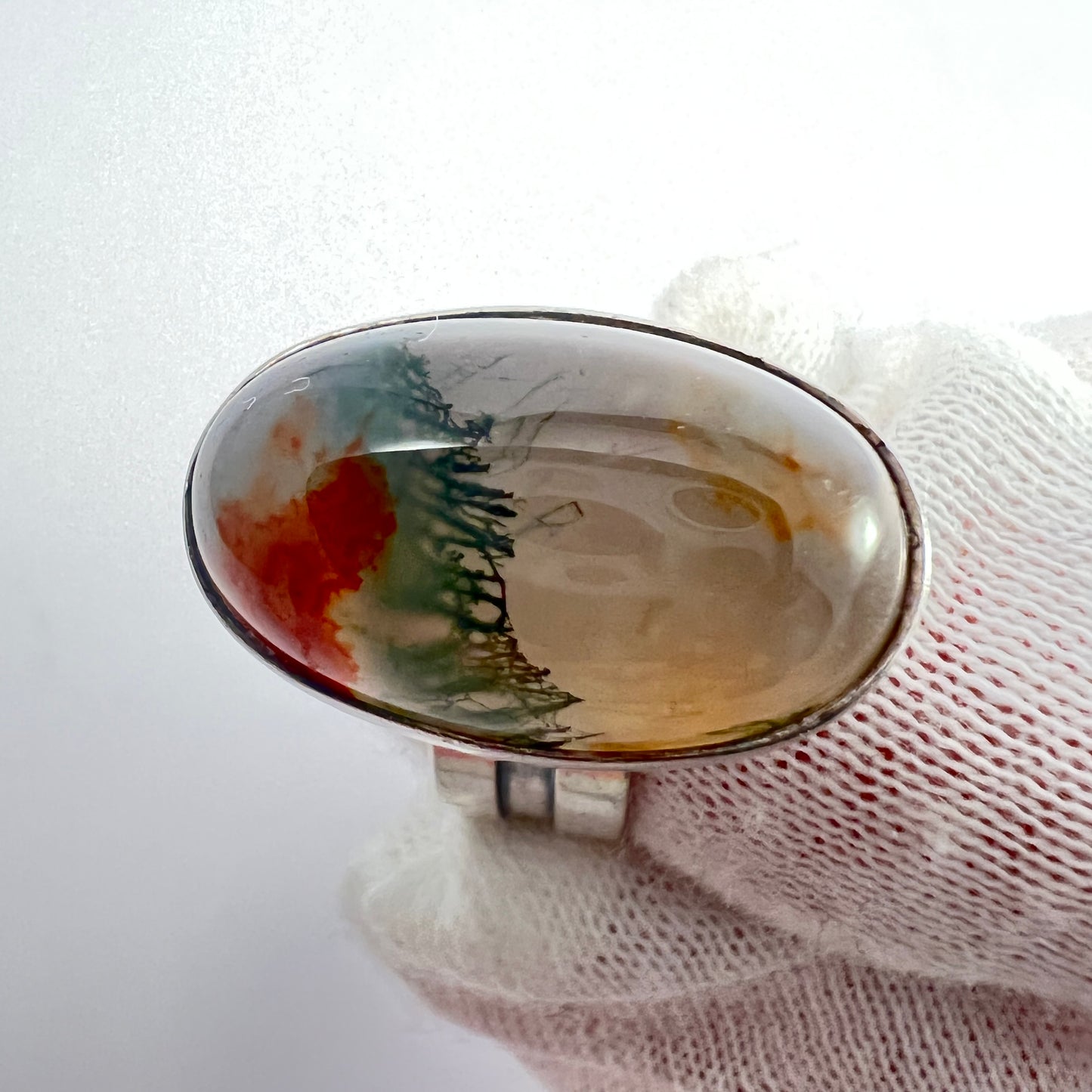 Elis Kauppi, Kupittaan Kulta Finland 1960s. Sterling Silver Moss Agate Ring.